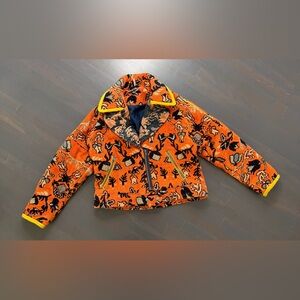 Free People Size Medium Mosaic Boxy Tapestry Moto Statement jacket orange